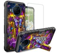 Dikoer for Nokia X100 Case with Tempered Glass Screen Protector, Heavy Duty Dual Layer Built-in Kickstand Rugged Shockproof Protective Mobile Phone Accessories Cover for Women Men, Purple Rose Cross