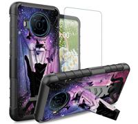 Dikoer for Nokia X100 Case with Tempered Glass Screen Protector, Heavy Duty Dual Layer Built-in Kickstand Rugged Shockproof Protective Mobile Phone Accessories Cover for Women Men, Purple Star Cat