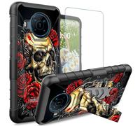 Dikoer for Nokia X100 Case with Tempered Glass Screen Protector, Heavy Duty Dual Layer Built-in Kickstand Rugged Shockproof Protective Mobile Phone Accessories Cover for Women Men, Rose Skull