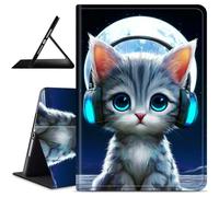Dikoer for Samsung Galaxy Tab A 10.1" 2016 SM-T580/T585/T587 Tablet Case, Slim Kickstand Stand Leather Smart Cover with Auto Wake/Sleep for Women Men, Earphones Cat Moon