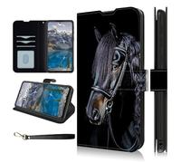 Dikoer for TCL 60 SE/TCL 605 Wallet Case with Wrist Strap, Flip Cover with Kickstand Card Holder Slots PU Leather Shockproof Protection Phone Case for Woman Men, Black Cool Horse