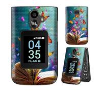 Dikoer for TCL Flip 3 T435 (2024) Phone Case with Tempered Glass Screen Protector Heavy Duty Grid Texture Rugged Shockproof Protective Cover for Women Men, Book Butterfly Blue