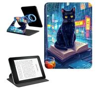 Dikoer Magnetic Case for 7" Kindle Paperwhite 12th Gen 2024 & Kindle Colorsoft 2024/2025 Signature Edition, Detachable 360 Rotating Swivel Stand Smart PU Leather Protective Cover, Book Black Cat
