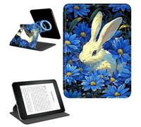 Dikoer Magnetic Case for 7" Kindle Paperwhite 12th Gen 2024 & Kindle Colorsoft 2024/2025 Signature Edition, Detachable 360 Rotating Swivel Stand Smart PU Leather Protective Cover, Blue Flower Rabbit