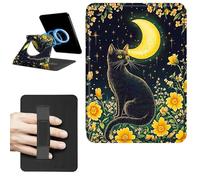 Dikoer Magnetic Case for 7" Kindle Paperwhite 12th Gen 2024 & Kindle Colorsoft 2024/2025 Signature Edition, 360 Rotating Swivel Stand Leather Protective Cover with Hand Strap, Yellow Moon Black Cat