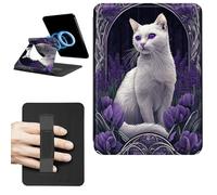 Dikoer Magnetic Case for 7" Kindle Paperwhite 12th Gen 2024 & Kindle Colorsoft 2024/2025 Signature Edition, 360 Rotating Swivel Stand Leather Protective Cover with Hand Strap, Purple Spotted Cat