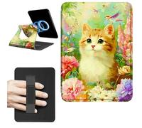Dikoer Magnetic Case for 7" Kindle Paperwhite 12th Generation 2024 & Kindle Colorsoft 2024/2025 Signature Edition, 360 Rotating Swivel Stand Leather Protective Cover with Hand Strap, Peony Orange Cat