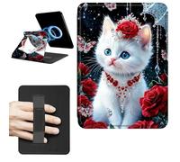 Dikoer Magnetic Case for 7" Kindle Paperwhite 12th Generation 2024 & Kindle Colorsoft 2024/2025 Signature Edition, 360 Rotating Swivel Stand Leather Protective Cover with Hand Strap, Red Rose Cat