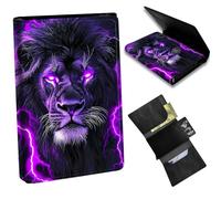 Dikoer Minimalist Wallet for Men's Card Holders, Pop-Up Card Case Durable Wallets for Women, Leather Automatic Credit Card Holder with Metal Money Clip RFID Blocking Bifold Pocket, Purple Flame Lion