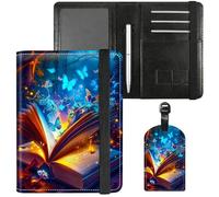 Dikoer Passport Holder with Vaccine Card Slot Combo w/Pen, Leather Cute RFID Passport Book Wallet Cover Airplane Travel Documents Organizer with RFID Blocking Green, Book Blue Butterfly, Passport