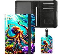 Dikoer Passport Holder with Vaccine Card Slot Combo w/Pen, Leather Cute RFID Passport Book Wallet Cover Airplane Travel Documents Organizer with RFID Blocking Green, Underwater Octopus, Passport Cover