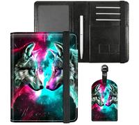 Dikoer Passport Holder with Vaccine Card Slot Combo w/Pen, Leather Cute RFID Passport Book Wallet Cover Airplane Travel Documents Organizer with RFID Blocking Green, Gray Wolf Red Blue, Passport Cover