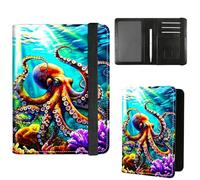 Dikoer Passport Holder with Vaccine Card Slot Combo w/Pen, Leather Cute RFID Passport Book Wallet Cover Airplane Travel Documents Organizer with RFID Blocking Green, Underwater Octopus, Passport Cover