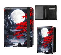 Dikoer Passport Holder with Vaccine Card Slot Combo w/Pen, Leather Cute RFID Passport Book Wallet Cover Airplane Travel Documents Organizer with RFID Blocking Green, Red Leaf Moon, Passport Cover