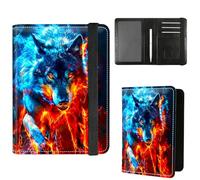 Dikoer Passport Holder with Vaccine Card Slot Combo w/Pen, Leather Cute RFID Passport Book Wallet Cover Airplane Travel Documents Organizer with RFID Blocking Green, Red Blue Flaming Wolf, Passport