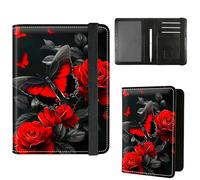Dikoer Passport Holder with Vaccine Card Slot Combo w/Pen, Leather Cute RFID Passport Book Wallet Cover Airplane Travel Documents Organizer with RFID Blocking Green, Red Rose Butterfly, Passport Cover