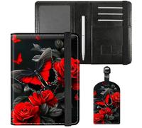 Dikoer Passport Holder with Vaccine Card Slot Combo w/Pen, Leather Cute RFID Passport Book Wallet Cover Airplane Travel Documents Organizer with RFID Blocking Green, Red Rose Butterfly, Passport Cover