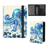 Dikoer Passport Holder with Vaccine Card Slot Combo w/Pen, Leather Cute RFID Passport Book Wallet Cover Airplane Travel Documents Organizer with RFID Blocking Green, Blue Octopus, Passport Cover