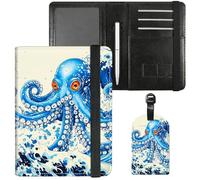 Dikoer Passport Holder with Vaccine Card Slot Combo w/Pen, Leather Cute RFID Passport Book Wallet Cover Airplane Travel Documents Organizer with RFID Blocking Green, Blue Octopus, Passport Cover +