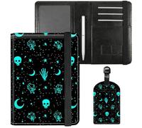Dikoer Passport Holder with Vaccine Card Slot Combo w/Pen, PU Leather Cute RFID Passport Book Wallet Cover Airplane Travel Documents Organizer with RFID Blocking for Women Men, Butterfly, Green Skull