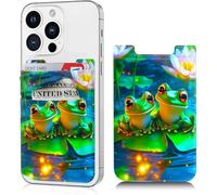 Dikoer Phone Wallet Stick on, Cell Phone Card Holder Pocket for Back of Phone with Stretchy Lycra Design, Credit Card ID Holder Sleeves Sticker for Galaxy Android Smartphone Case, Green Frog Lotus