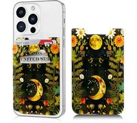 Dikoer Phone Wallet Stick on, Cell Phone Card Holder Pocket for Back of Phone with Stretchy Lycra Design, Credit Card ID Holder Sleeves Sticker for Galaxy Android Smartphone Case, Wildflower Moon Sun