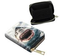 Dikoer RFID Blocking Card Holder for Men Women, Leather Accordion Wallet with 14 Card Slots & ID Window, Zip Around Credit Card Case Organizer for Travel Business Cruises Shop, Gray Donkey, Wave Shark
