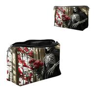 Dikoer Travel Makeup Bag, Padded Small Cosmetic Pouch with Zipper, Spandex Toiletry Organizer for Purse, Portable Makeup Clutch for Women, Shopping Potluck & Daily Use, Cat Back View, Rose Black Skull