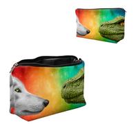 Dikoer Travel Makeup Bag, Padded Small Cosmetic Pouch with Zipper, Spandex Toiletry Organizer for Purse, Portable Makeup Clutch for Women, Shopping Potluck & Daily Use, 7.9" x 5.1", Dragon and Wolf