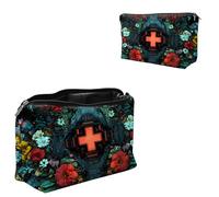 Dikoer Travel Makeup Bag, Padded Small Cosmetic Pouch with Zipper, Spandex Toiletry Organizer for Purse, Portable Makeup Clutch for Women, Shopping Potluck & Daily Use, 7.9" x 5.1", Cross Flower