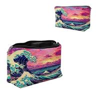 Dikoer Travel Makeup Bag, Padded Small Cosmetic Pouch with Zipper, Spandex Toiletry Organizer for Purse, Portable Makeup Clutch for Women, Shopping Potluck & Daily Use, Cat Old Man, Japanese Waves