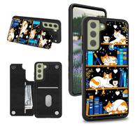 Dikoer Wallet Case for Samsung S24 FE Credit Card Holder Slots Cover & Shockproof Soft Silicone Protection Kickstand Card Slots Case for Samsung Galaxy S24 FE 5G 6.7", Blue Book Cat