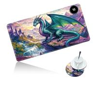 Dikoer Warm Desk Mat Heated Mouse Pad with Coaster 23.6 * 14 Inch, Olidik 3 Speed Touch Warm Extended Large Playmat Foot Warmer for Office Laptop Computer Home Game Accessories, Creek Green Dragon