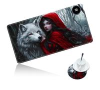 Dikoer Warm Desk Mat Heated Mouse Pad with Coaster 31.5 * 13 Inch, Olidik 3 Speed Touch Warm Extended Large Playmat Foot Warmer for Office Laptop Computer Home Game Accessories, Red Girl Wolf