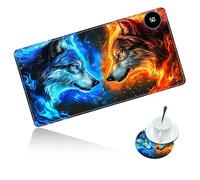 Dikoer Warm Desk Mat Heated Mouse Pad with Coaster 31.5 * 13 Inch, Olidik 3 Speed Touch Warm Extended Large Playmat Foot Warmer for Office Laptop Computer Home Game Accessories, Blue Yellow Wolf