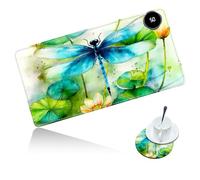 Dikoer Warm Desk Mat Heated Mouse Pad with Coaster 31.5 * 13 Inch, Olidik 3 Speed Touch Warm Extended Large Playmat Foot Warmer for Office Laptop Computer Home Game Accessories, Green Dragonfly