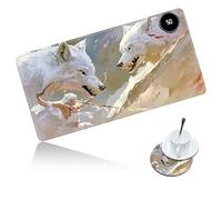 Dikoer Warm Desk Mat Heated Mouse Pad with Coaster 31.5 * 13 Inch, Olidik 3 Speed Touch Warm Extended Large Playmat Foot Warmer for Office Laptop Computer Home Game Accessories, White Wolf