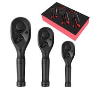 DikTalk 3-Piece Stubby Ratchet Set 1/4" 3/8" 1/2" Drive, 72-Tooth Black Finish, Quick Release & Reversible, CR-MO Steel with Non-Slip Grip for Tight Spaces, Includes EVA Case, Automotive DIY Tools