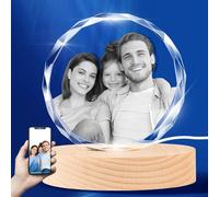 Dilamus Crystal Personalised Picture, Round Custom Engraved Photo Personalised Crystal Art Custom Photo Frame with Wood Led Light Base, Personalised Gifts for Women Men Wedding Birthday Anniversary