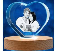 Dilamus Crystal Photo Personalized, Customized Pictures Etched Engraved in Glass Photo Heart Shape with LED Light Wood Base, Custom Family Photo Crystal Unique Memorial Gift for Her, Him, Mom, Dad