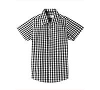 DILBYKE Boys' School Shirt Short Sleeve Plaid Button Down Cotton Shirts, Black Check Gingham, 7-8 Years