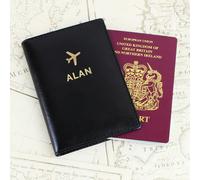 Diletto Gifts Personalised Leather Gold Name Passport Holder - Black or Cream - Black