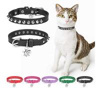 DILLYBUD Leather Cat Collars for Boy Girl Cats with Bell and Safety Elastic Belt, Personalized Rivets Stud Adjustable Safe Buckle Collar with Skull Charm for Kitty Small Pets, Black 7"-9"