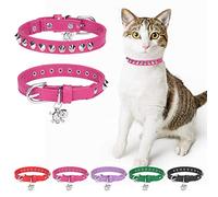 DILLYBUD Leather Cat Collars for Boy Girl Cats with Bell and Safety Elastic Belt, Personalized Rivets Stud Adjustable Safe Buckle Collar with Skull Charm for Kitty Small Pets, Halloween Cat Collar