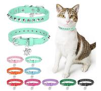 DILLYBUD Leather Cat Collars for Boy Girl Cats with Bell and Safety Elastic Belt, Personalized Rivets Stud Adjustable Safe Buckle Collar with Skull Charm for Kitty Small Pets, Halloween Cat Collar
