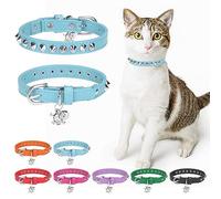 DILLYBUD Leather Cat Collars for Boy Girl Cats with Bell and Safety Elastic Belt, Personalized Rivets Stud Adjustable Safe Buckle Collar with Skull Charm for Kitty Small Pets, Light Blue