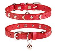 DILLYBUD Leather Cat Collars for Boy Girl Cats with Bell and Safety Elastic Belt, Personalized Star and Moon Stud Adjustable Safe Buckle Collar for Kitty Small Big Cats Size 8-12 Inch, Red