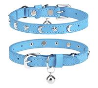 DILLYBUD Leather Cat Collars for Boy Girl Cats with Bell and Safety Elastic Belt, Personalized Star and Moon Stud Adjustable Safe Buckle Collar for Kitty Small Big Cats Size 8-12 Inch, Light Blue
