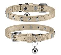 DILLYBUD Leather Cat Collars for Boy Girl Cats with Bell and Safety Elastic Belt, Personalized Star and Moon Stud Adjustable Safe Buckle Collar for Kitty Small Big Cats Size 7-9 Inch, Gold