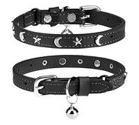 DILLYBUD Leather Cat Collars for Boy Girl Cats with Bell and Safety Elastic Belt, Personalized Star and Moon Stud Adjustable Safe Buckle Collar for Kitty Small Big Cats Size 8-12 Inch, Black